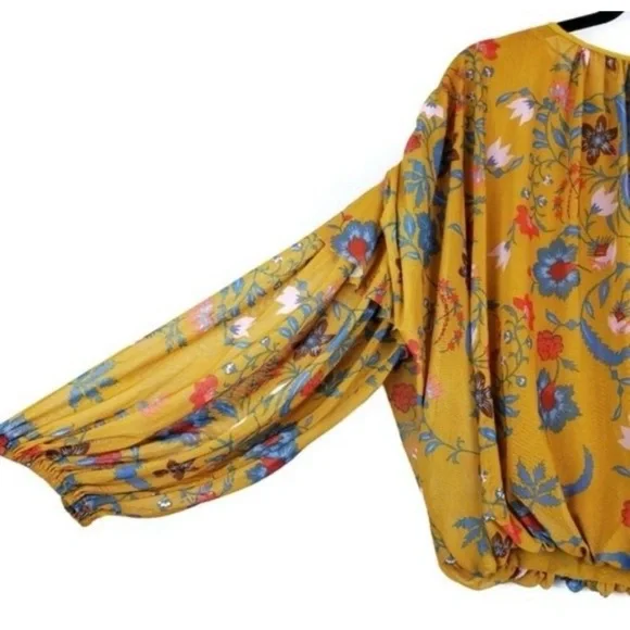 Free People Wildflower Honey Blouse Floral Mustard Boho Size Large - Picture 7 of 13